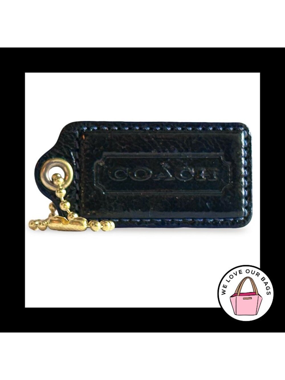 Rare COACH HANG TAG 2.5" Navy Blue Patent Leather Brass Bag Charm Keychain Large